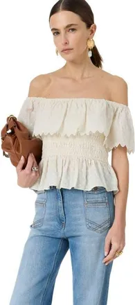 Gerard Darel Smocked Bardot Ruffle Eyelet Blouse in White at Nordstrom, Size Small/medium