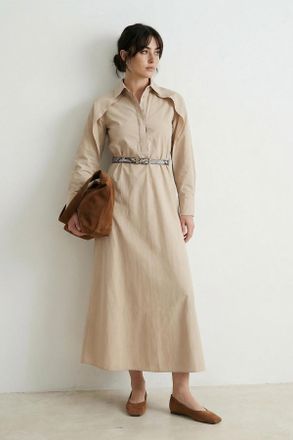 Trendyol Modest Dames Beige Effen Maxi Lang Casual Skater Modest Jurken