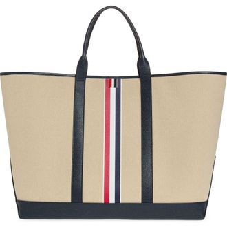 Thom Browne Oversize Canvas & Leather Tool Tote in Navy at Nordstrom