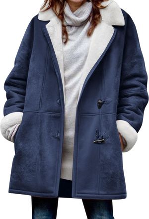 Generic Winter Jackets For Women Uk Sherpa Fleece Lined Warm Coats Ladies Faux Suede Fuzzy Hoodies Plus Size Horn Button Hooded Jacket Casual Thicken Thermal 