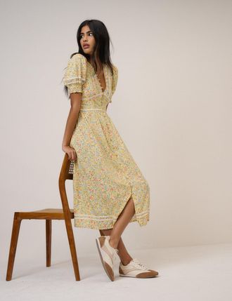 Nobody's Child Yellow Ditsy Floral Saffy Midi Tea Dress