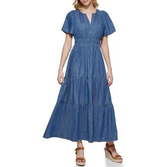 Tommy Hilfiger Womens Short Sleeve V-Neck Tiered Midi Dress Casual, Med Benson, 8