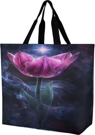 Generic Ethereal Purple Tulips With Smoke Reusable Shopping Bags Large Capacity Grocery Bag Heavy Duty Tote for Women 40x40x16cm