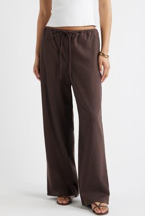 Open Edit Linen Blend Wide Leg Pants in Brown Seal at Nordstrom, Size Xx-Small