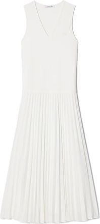 Lacoste White V-Neck Pleated Midi Dress