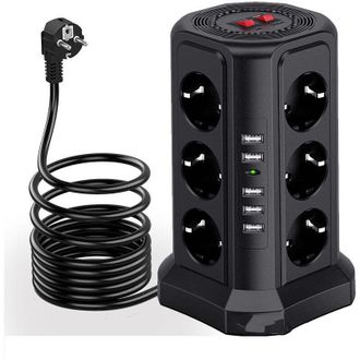 OEM Torre Con Protecci&oacute;n Contra Sobretensiones Y Tomacorrientes, 5 Puertos Usb Y 12 Tomas De Corriente, Con 3 Interruptores, Color Negro-crezuo