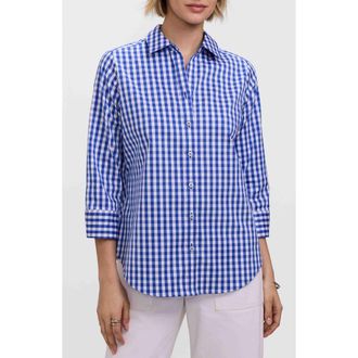Foxcroft Margie Gingham Three-Quarter Sleeve Button-Up Shirt in Blue/White at Nordstrom, Size X-Large