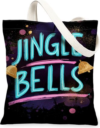 Generic Christmas Jingle Bells Canvas Tote Bags, Festive Holiday Design Reusable Grocery Bags, Lightweight Washable Shoulder Strap Canvas for Travel Beach Pic