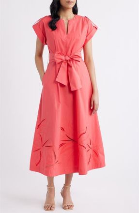 Vince Camuto Ladder Stitch Embroidered Tie Belt Cotton Poplin Midi Dress in Coral at Nordstrom, Size 12