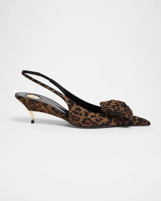 Saint Laurent Dakota Rose Leopard Satin Slingback Pumps