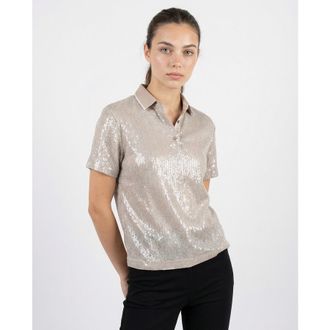 Brunello Cucinelli Womens Silver Silk Blend Sequin Polo Shirt, Size XXL