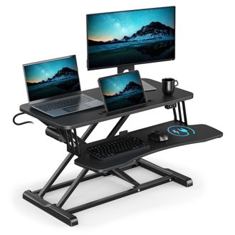 VonHaus Height Adjustable Two Tier Electric Desk Converter with Keyboard Shelf in Black