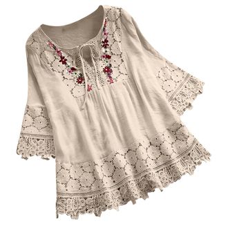 Generic 3/4 Sleeve T Shirts for Women Uk Boho Tops for Women Uk Cotton Linen Floral Embroidered Blouse 3/4 Sleeve Summer Bohemian Tunic Tees Floaty Elegant Br