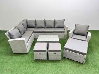 Fimous 10 Seater Garden Outdoor PE Rattan Furniture Set with 3 Stools in Light Grey