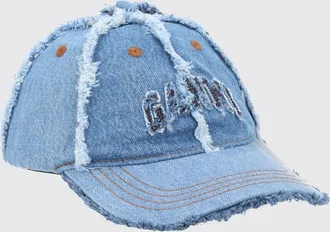 Ganni Cappello da baseball in denim di cotone con logo ricamato e fondo sfrangiato