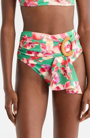 Hutch O-Ring High Waist Bikini Bottoms in Green Floral at Nordstrom, Size X-Large