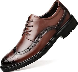 Generic Dress Oxford Shoes for Men Lace Up Burnished Toe Brogue Embossed Wing tip Derby Shoes Rubber Sole Resistant Non Slip Block Heel Anti-Slip Prom(Brown,9