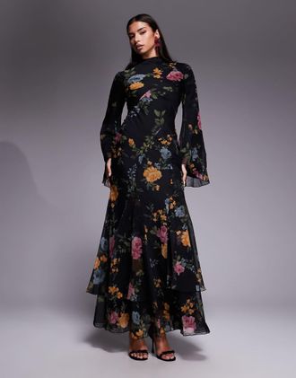 Asos Vestito lungo a maniche lunghe nero a fiori con taglio sbieco godet a strati-Multicolore