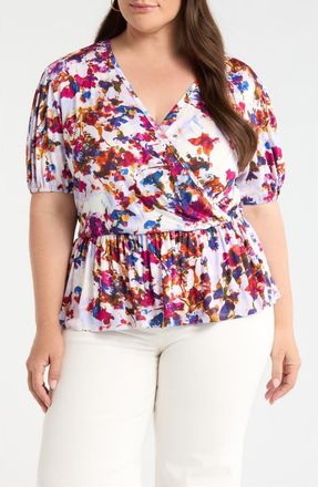 Loveappella Surplice Peplum Top in Fuchsia/Violet at Nordstrom, Size 1X