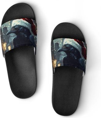 Generic Raven in Santas Hat Moon Unisex Beach Slippers & Pool Slides Anti-Slip House Shoes for Home Outdoor