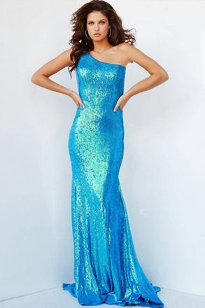 Jovani Fitted Long One Shoulder Evening Gown In Iridescent Royal