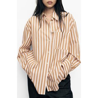 Mango Oversize Stripe Button-Up Shirt in Off White at Nordstrom, Size 4