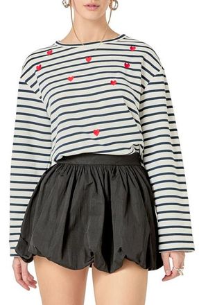 English Factory Heart Embroidered Stripe Cotton Top in White/Navy at Nordstrom, Size Medium