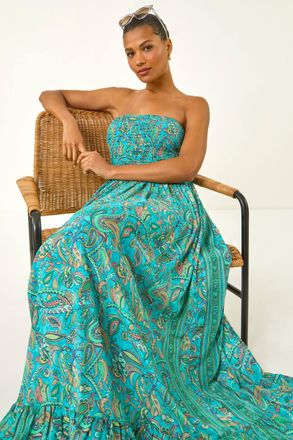 Roman Floral Print Bandeau Shirred Midi Dress