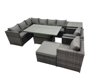 Fimous 9-seater Rattan Garden Furniture Dining Set with Big Stool Side Table in Dark Grey