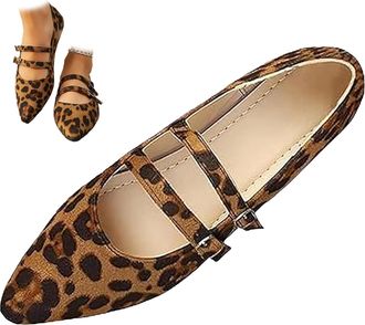 Generic Womens Double Strap Mary Jane Flats, Comfortable Suede Leopard Print Point Toe Slip on Ballet Flats for Work Dressy (Leopard Print,4.5)