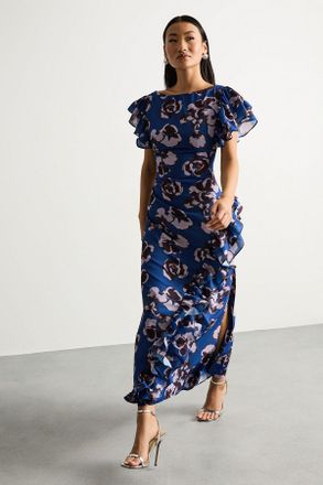 Warehouse Womens Petite Printed Side Split Ruffle Detail Maxi Dress - Blue - Size 16 UK