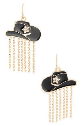 Leith Cowboy Hat Fringe Drop Earrings in Black- Gold at Nordstrom Rack