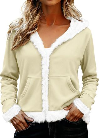 Generic Fleece Jacket Women Winter Warm Sherpa Lined Zip Up Hoodie Ladies Soft Plush Faux Fur Trim Coat Christmas Outfit Fluffy Cozy Hooded Outerwear (Cream, 