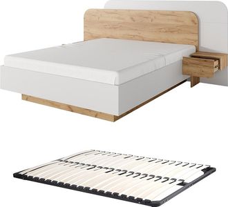 Vente-Unique Cama con mesitas de noche 160 x 200 cm - Con LEDs - Color natural y blanco + Somier - DESADO