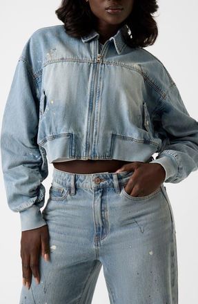 Guess Anna Distressed Crop Denim Bomber Jacket at Nordstrom, Size X-Small