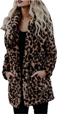 Generic Womens Fluffy Fuzzy Coats Faux Fur Jacket Vintage Fur Leopard Print Mid-Length Parka Coat Winter Warm Outwear Long Sleeve Overcoat Loose Lapel Shaggy 