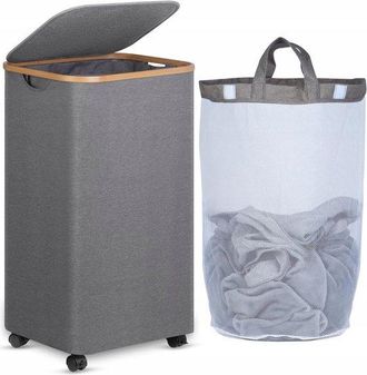 OEM Cesto De Ropa Con Ruedas De 100 Litros Con Bolsa Extra&iacute;ble Y Estructura De Bamb&uacute;