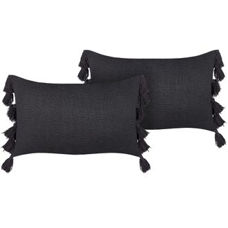 Beliani Conjunto De 2 Cojines De Algod&oacute;n Gris Oscuro 35 X 55 Cm S&oacute;lido Borlas Lythrum