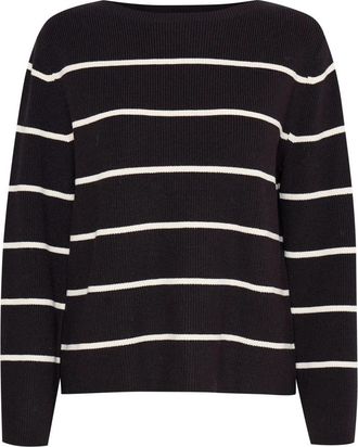 Ichi Gestreepte Gebreide Trui Meteoriet Amandelmelk - Dames - Ronde hals truien - Zwart - M - Polyester - Truien & Vesten