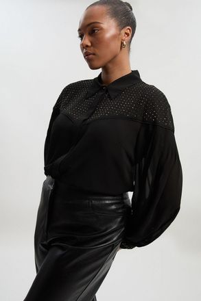 Karen Millen Womens Plus Size Hotfix Studded Long Sleeve Woven Shirt - Black - Size 18 UK