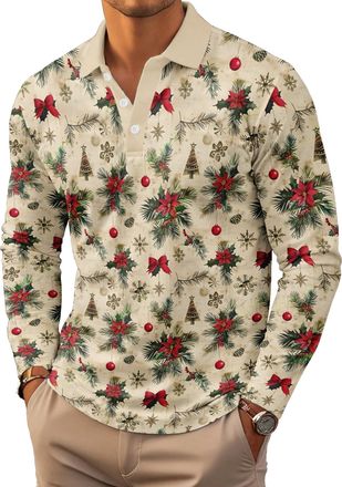 Generic Unisex Christmas Long Sleeve Polo Shirt, Polyester Button Down Collar, Relaxed Fit, Casual Sport Golf Wear, Modern Style, Machine Washable (UK, Alpha,