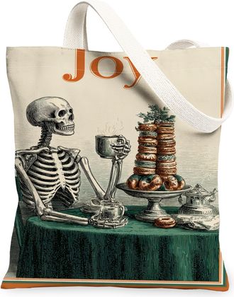 Generic Vintage Skeleton Canvas Tote Bags, Halloween Art Pattern Reusable Grocery Bags, Classic Lightweight Washable Shoulder Strap, Multicolor, 13x15 Inch