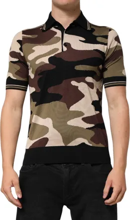 Dolce & Gabbana Mens Camouflage Brown Silk Militarypolo T-Shirt