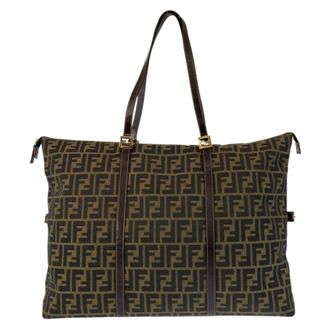 Fendi Anna Brown Canvas Leather Shoulder Bag Tote Bag (Pre-Owned)