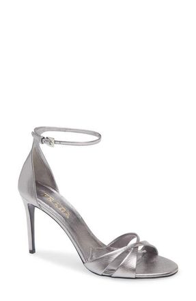 Prada Saffiano Metallic Leather Ankle Strap Sandal in Cromo at Nordstrom, Size 10.5Us