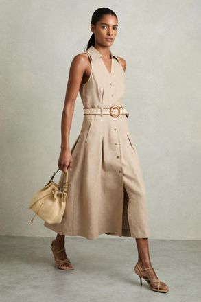 Reiss Womens Beige Linen Belted Sleeveless Midi Dress, Size: 18