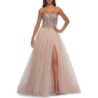 La Femme A-line Tulle Prom Dress with Stunning Floral Beaded Design in Blush at Nordstrom, Size 00
