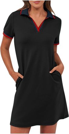 Generic Womens Contrast Collar Polo Dress Short Sleeve V-Neck Tennis Dresses with Pockets Casual Mini Shirt Dress for Summer & Sports Wear Black