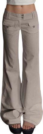 Generic 2025 Trousers Low Rise Cargo Wide Leg Pants for Women Drawstring Pockets Bow Tie Casual Flare Pants (Khaki, S)