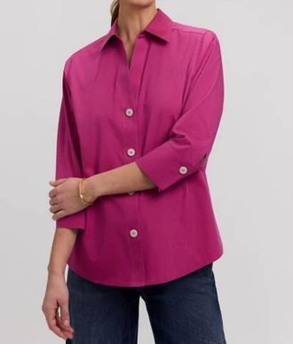 Foxcroft Paityn No Iron Pinpoint Three Quarter Sleeve Shirt In Pomegranate